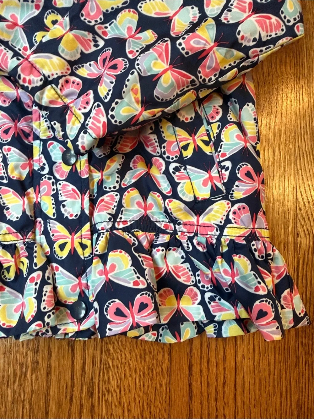 Kids Butterfly Print Hooded Rain Jacket - Pink & Navy. Pink fleece lined.
